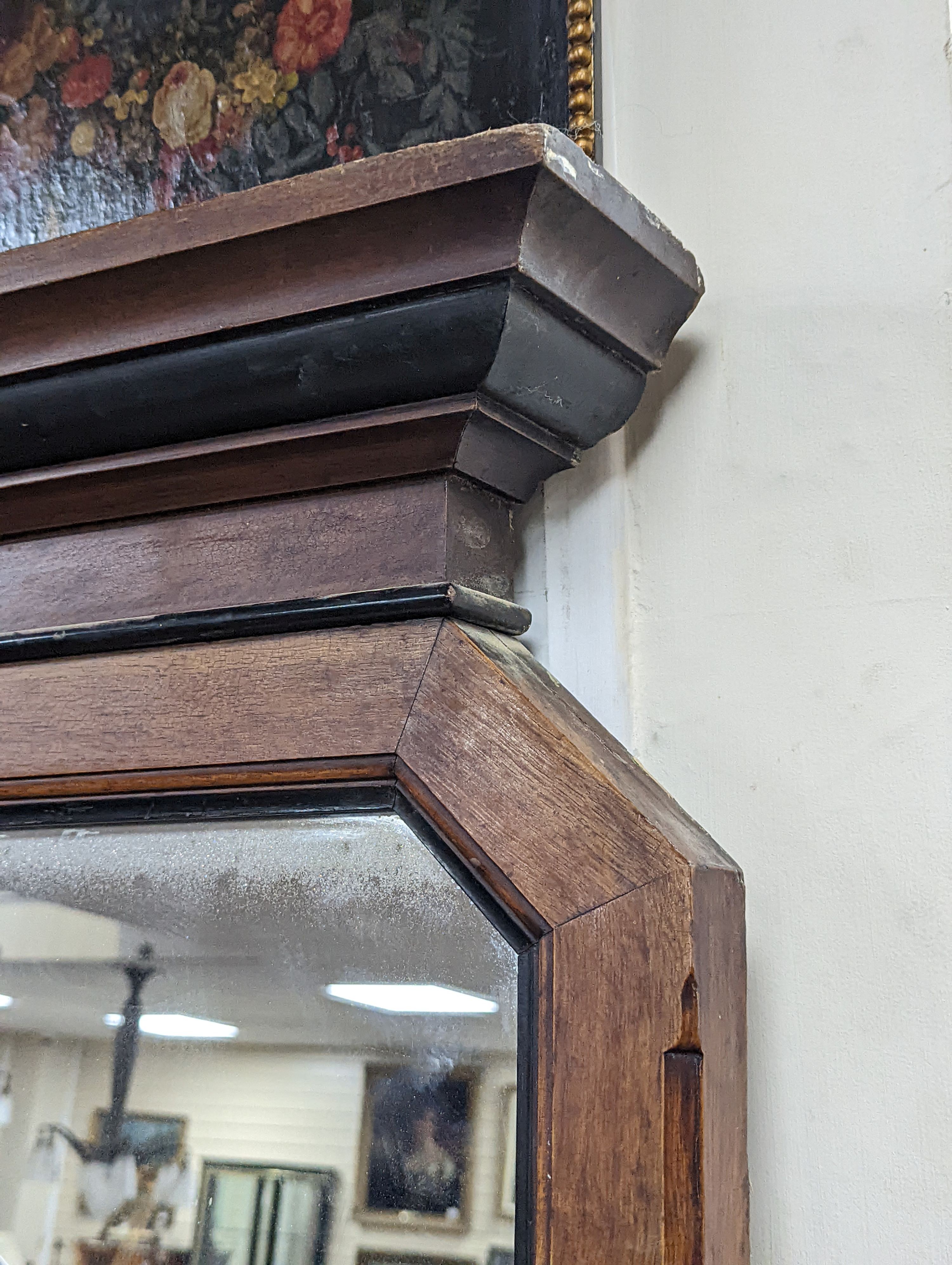 A large late Victorian aesthetic movement part ebonised oak overmantel mirror, width 162cm, height 197cm